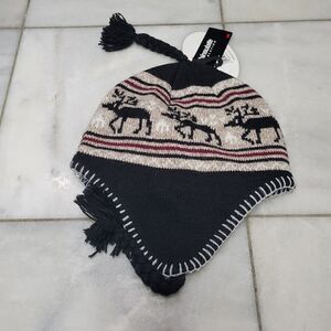 NEW Buckhead Thinsulate Black Cream Fleece Lined Knit Winter Hat w/ Ear Flaps